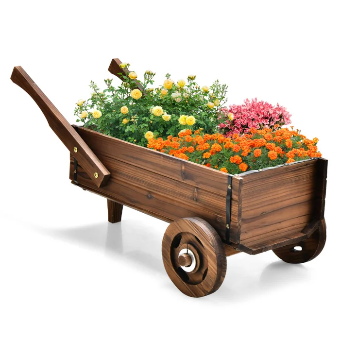 Wooden Wagon Planter Box with Wheels Handles and Drainage Hole