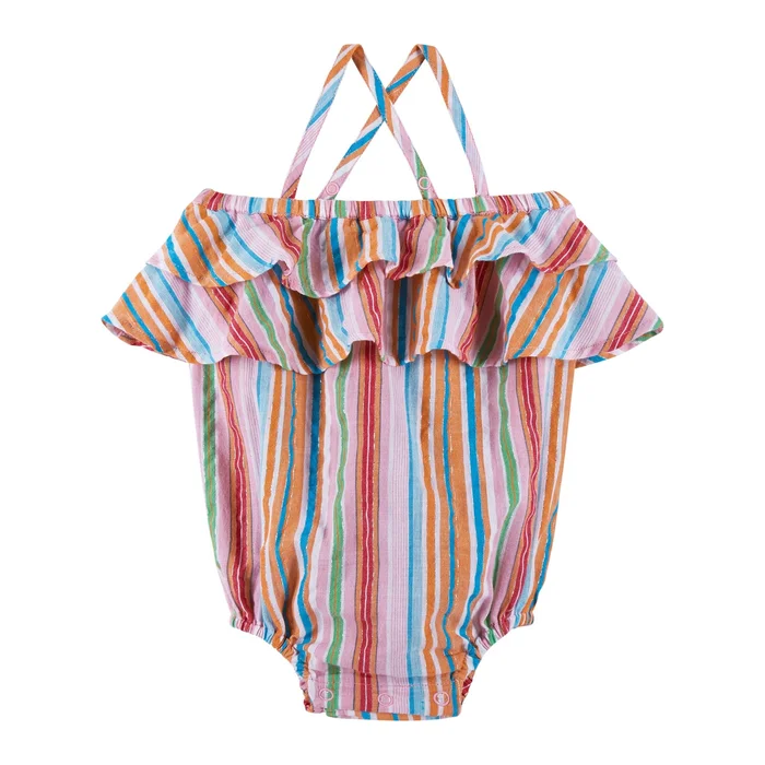 Woven Lurex Stripe Ruffle Bubble Romper