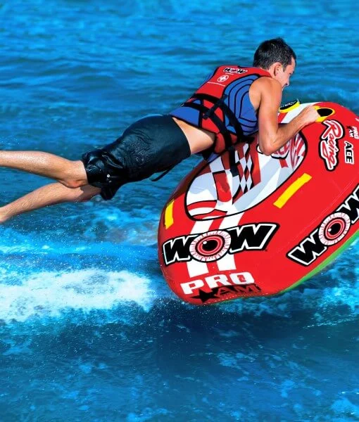 WOW Sports 1 Person Towable Water Tube – Ace Racing Starter Kit w 12V Pump & 1K Tow Rope by Jupiter Gear