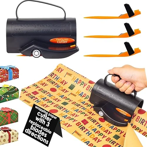 Wrapping Paper Cutter, Paper Roll Cutter with Handle and Wheels, Suitable for Different Rolls and Papers, Include 3 Replaceable Blades, Christmas Gift Wrapping Tools, Black