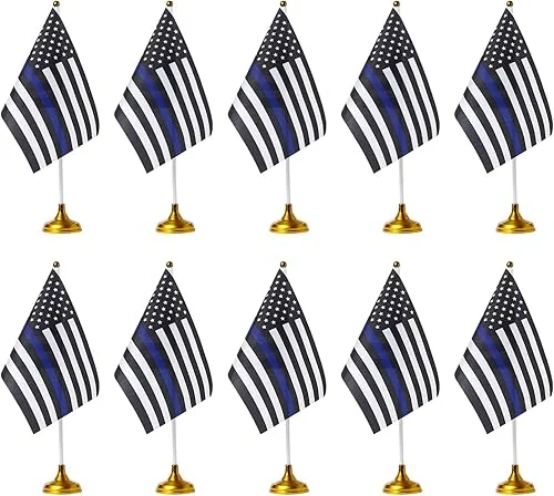WXTWK 12 Pack American USA Thin Blue Line Desk Flag Small Mini US Police Table Flags With Stand Base,United States Law Enforcement Festival Events Celebration Decorations