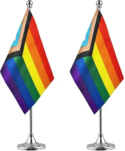 WXTWK 2 Pack Progress Pride Rainbow Desk Flag Small Mini Gay LGBT Table Flags With Stand Base,Rainbow Mardi Gras Festival Events Celebration Decorations