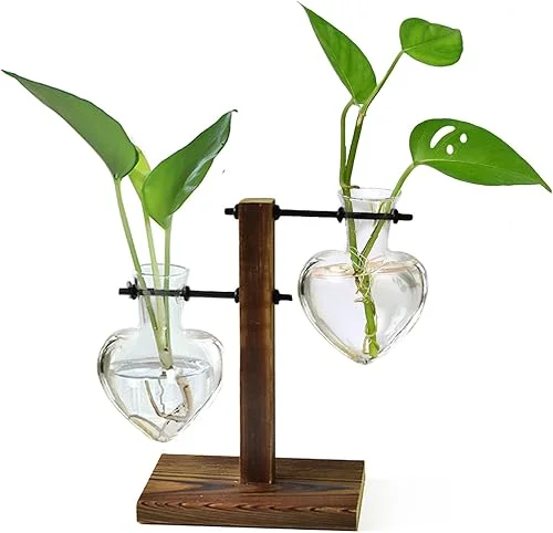 XXXFLOWER Plant Terrarium Wooden Stand, Hydroponic Planter Bulb Glass Metal Swivel Holder Retro Air Plants Water Plants for Home Office Decoration, Plant Lover Gifts – 2 Love Bulb Vase