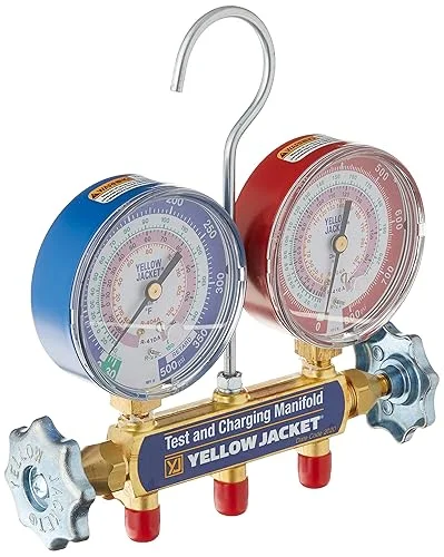 Yellow Jacket 42001 Manifold with 3-1/8′ Color-Coded Gauges, psi, R-22/404A/410A (Clamshell)