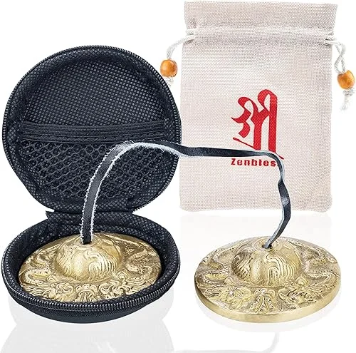 ZenBless Tibetan Dragon Embossed Tingsha Cymbals 2pcs, with Storage Box and Fabric Case, Meditation Brass Chime Bells for Spiritual Healing Mindfulness, Yoga Buddhist, Relaxation Musical Instruments
