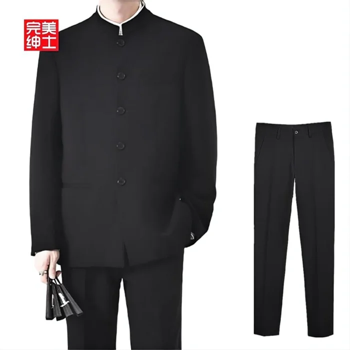 Zhongshan suit for young people new Chinese style men's suit black Zhongshan suit+black pants (2-piece set) size S