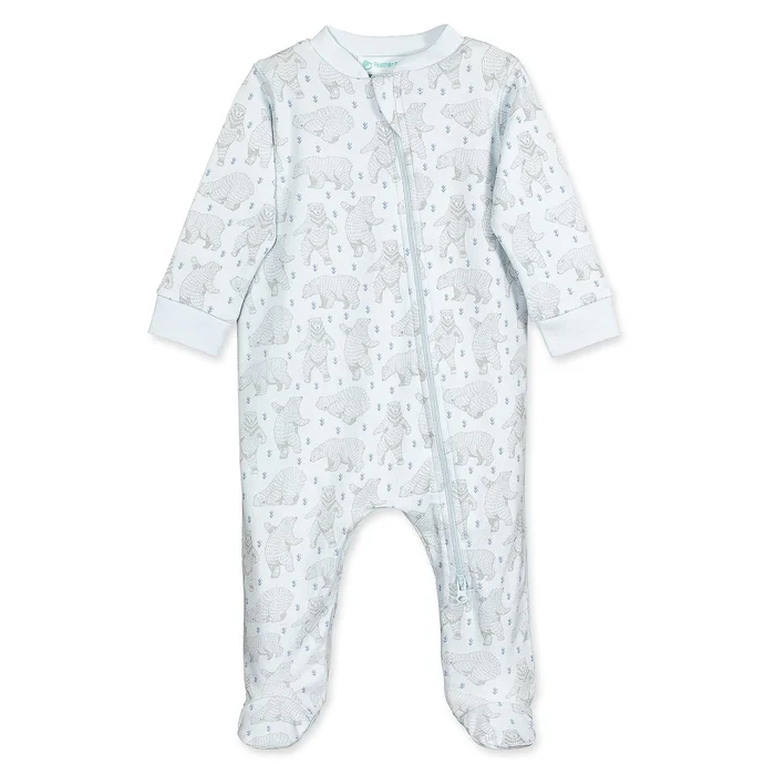 Zipper Footie – Dancing Bears on Baby Blue 100% Pima Cotton by Feather Baby