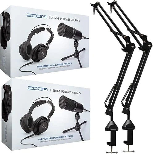 Zoom ZDM-1 2-Person Podcast Mic Pack Kit with Headphones, Mic Cables, and Boom Arms and 2 Boom Arm Bundle (4 Items)