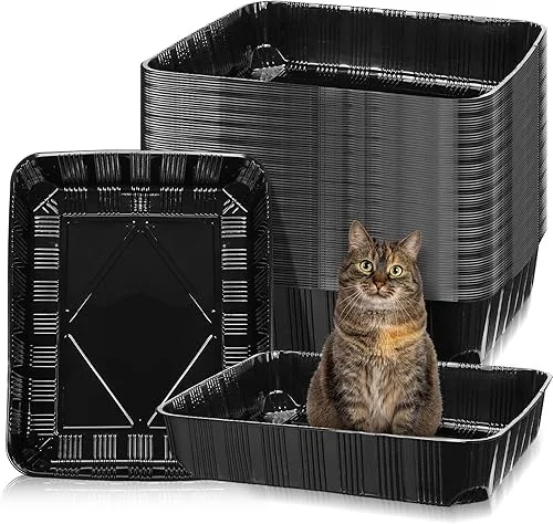Zubebe 50 Pack Disposable Cat Litter Box for Cats, Large Disposable Kitty Litter Tray Boxes 19.69 x 15.75 x 3.94 Inches Plastic Pets Pan Standard for Indoor Home Travel Portable(Black)